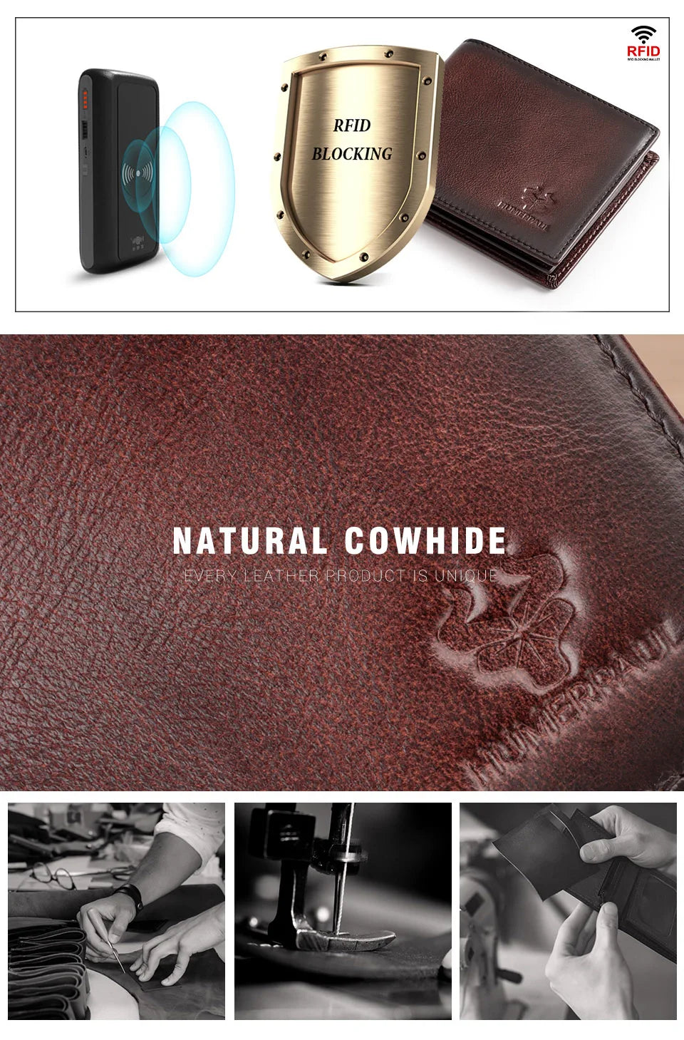 KAVIS Handmade Men's Wallet Genuine Leather RFID Card Holder with ID Window Large Capacity Male Storage Money Bag Fashion