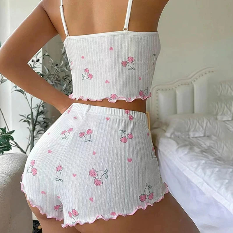 Sleepwear Women's Summer Pajama Set Heart Print Sexy Ribbed Bow Decor Round Neck Backless Crop Cami Top & Shorts Nightwear - Smarsty