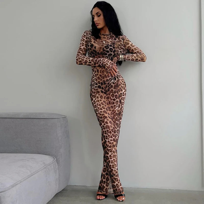 Hugcitar Leopard Print Mesh Long Sleeve Sexy Slim See Through Maxi Dress Fall Women Fashion Outfits Beach Vacation Club