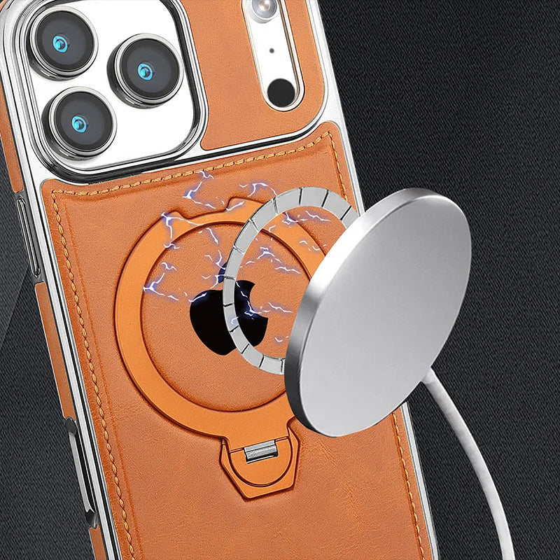 Magnetic Rotat Bracket Luxury Leather Phone Case For iPhone 11 12 13 14 15 16 17 Pro Max Plus Wireless Charging Shockproof Cover