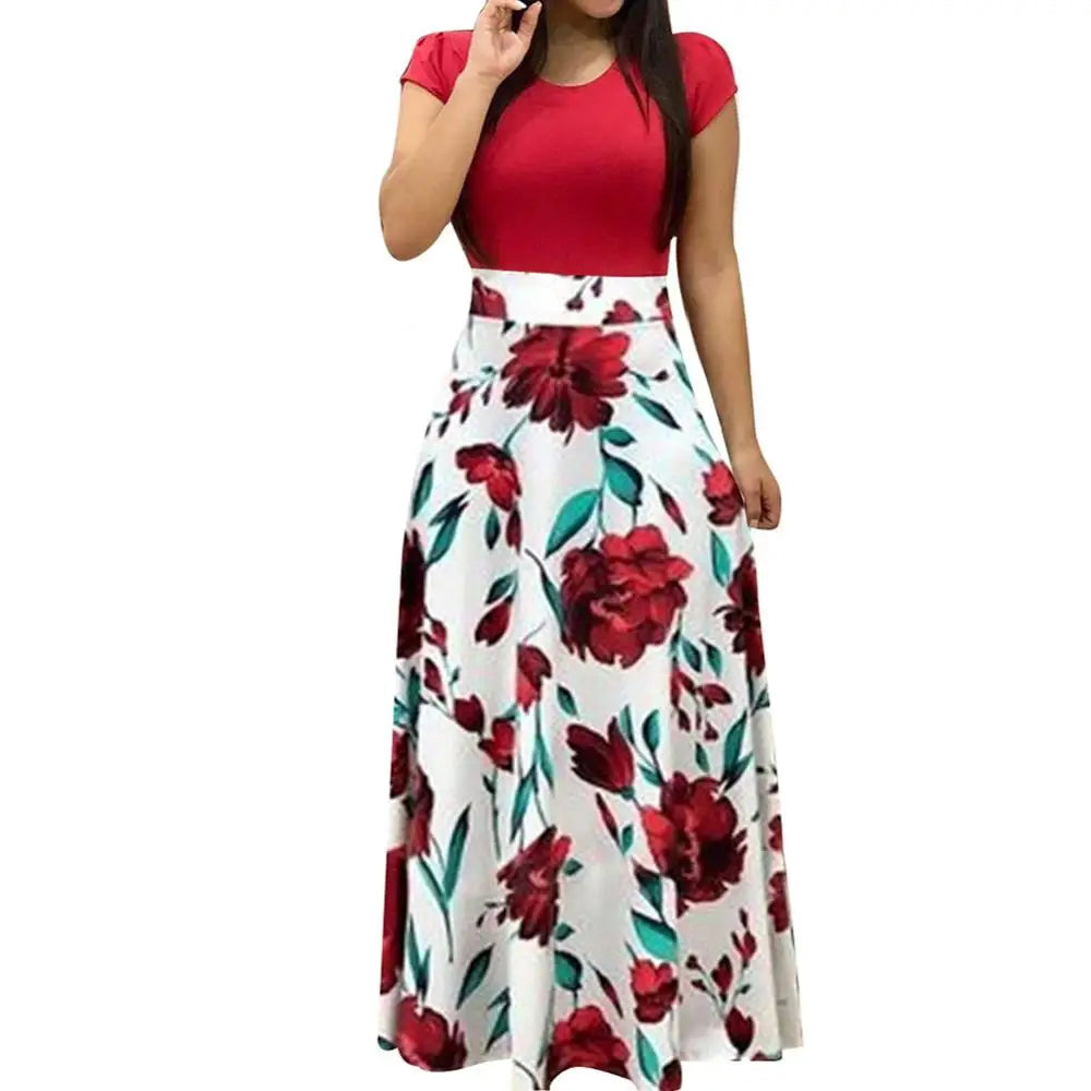 Elegant Women's Long Dress Flower Retro Printed Patchwork Long Sleeve Banquet Maxi Robe S-5XL - Smarsty