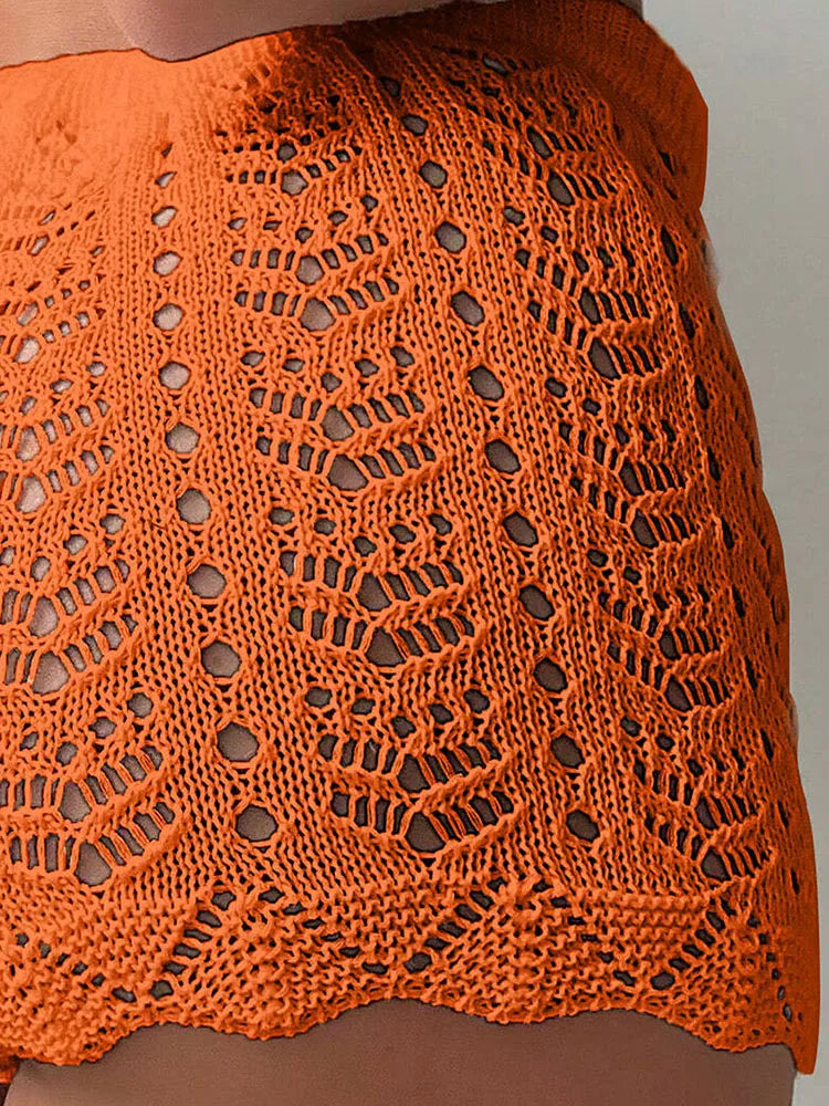 Polyester100.00% Hollow Drawstring Open Waist Knitted Bikini Blocked Women's Shorts - Smarsty