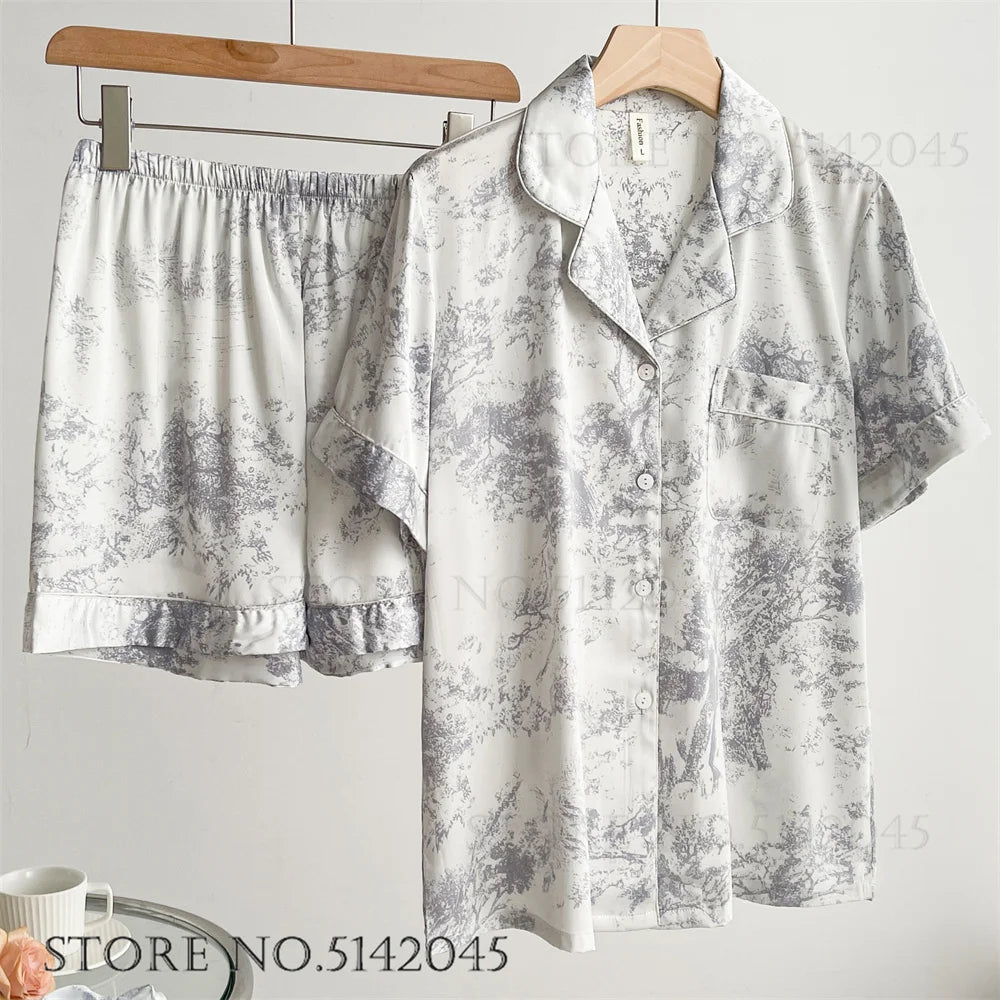 Fashion Print Flower 2PCS Pajamas Set Women Sleepwear Spring Summer Trouser Suits Lounge Wear Loose Satin Homewear Pijamas Suit - Smarsty