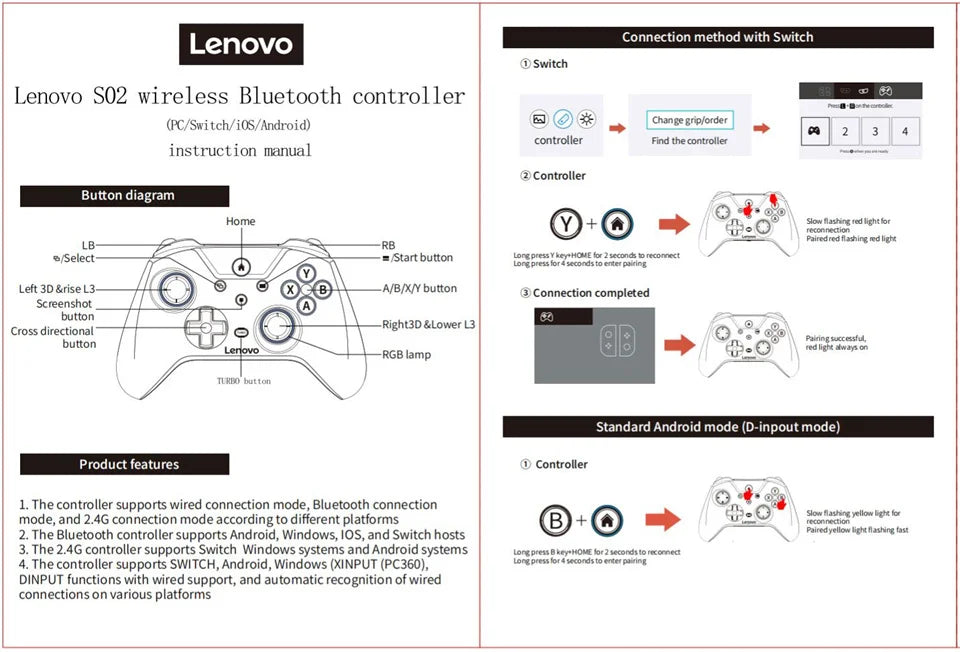 Lenovo S02 Wireless Bluetooth Gamepad with RGB Lighting - Smarsty