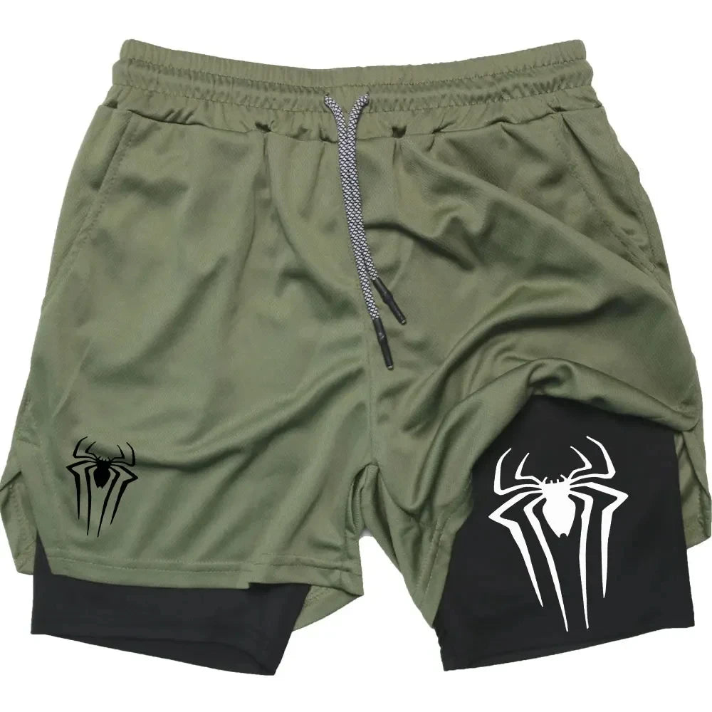Y2K Performance Shorts Men Spider Printed GYM Casual Sports Compression Shorts Workout Running Mesh 2 In 1 Sport Short Pants - Smarsty