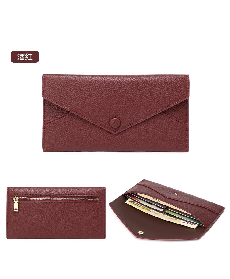 RFID Anti-Theft Purse for Women, Lychee Print, Soft Leather, Envelope Long Wallet, Ultra-thin, Portable, Simple Hand Bag