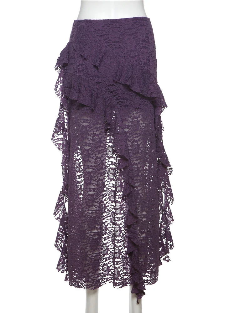 Nibber Tassels Women Skirts Irregular Hem Multi-Layered Ruffles Lace Patchwork Sweet Summer Trend Daily Skinny Versatile Bottoms - Smarsty