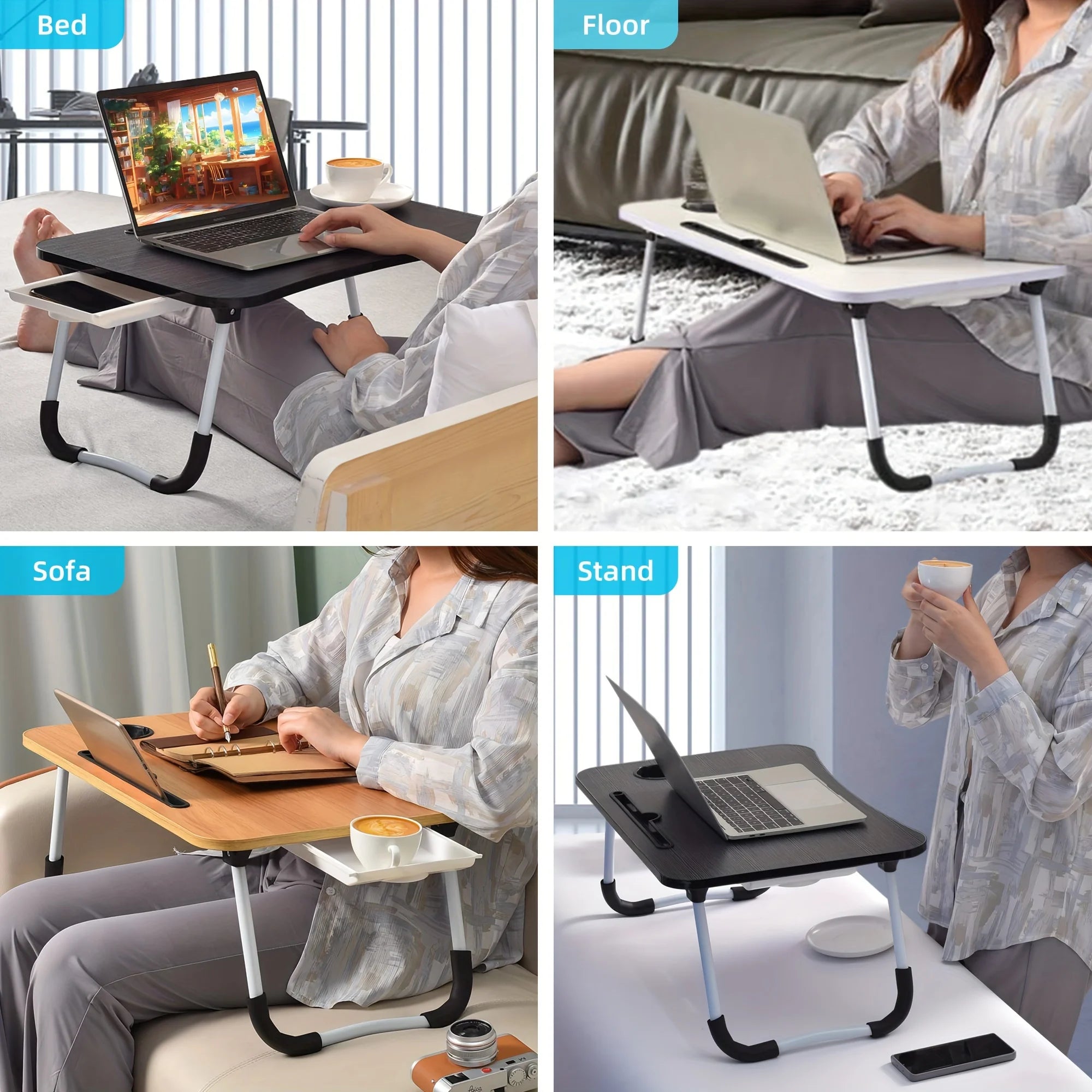 Portable Laptop Bed Desk - Foldable Table Computer Desk - With Cup Holder and Drawer - Suitable for Use on Beds Sofas or Floors
