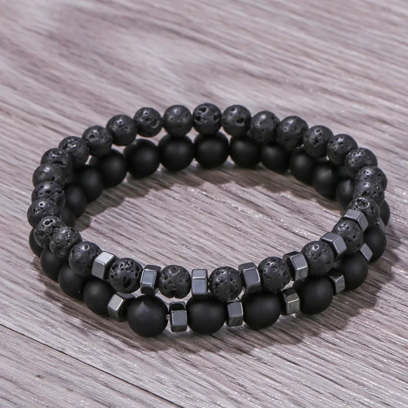 Frosted Black Volcanic Stone Men’s Bracelet Set - Smarsty