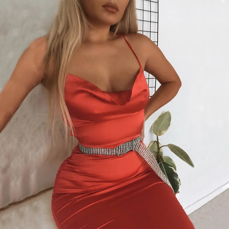 Neon Satin Lace Up Women's Long Midi Dress Light Pink Bodycon Backless Elegant Party Sexy Club Clothes 2022 Summer Dinner Outfit - Smarsty