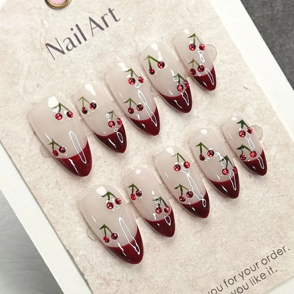 10Pcs Handmade French Almond Press On Nails with Cherries Design - Smarsty