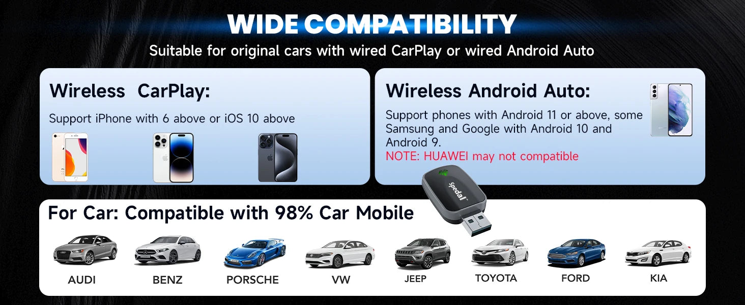 2-in-1 Wired to Wireless CarPlay Adapter & Android Auto Wireless Adapter Plug & Play