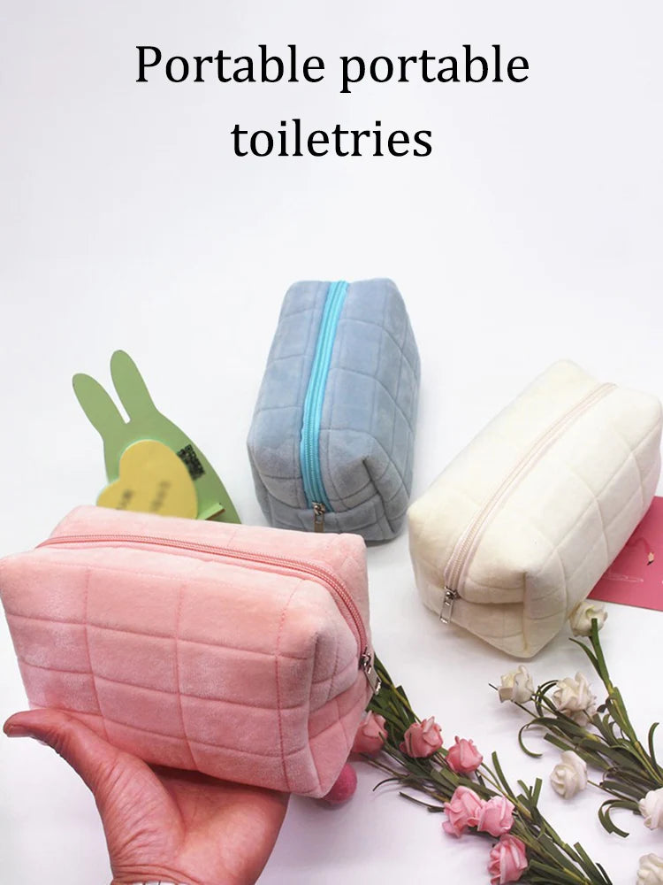 Cute Plush Makeup Bag for Women Portable Travel Small Cosmetic Bags Solid Color Zipper Toiletry Bag Washing Pouch Storage Bags - Smarsty