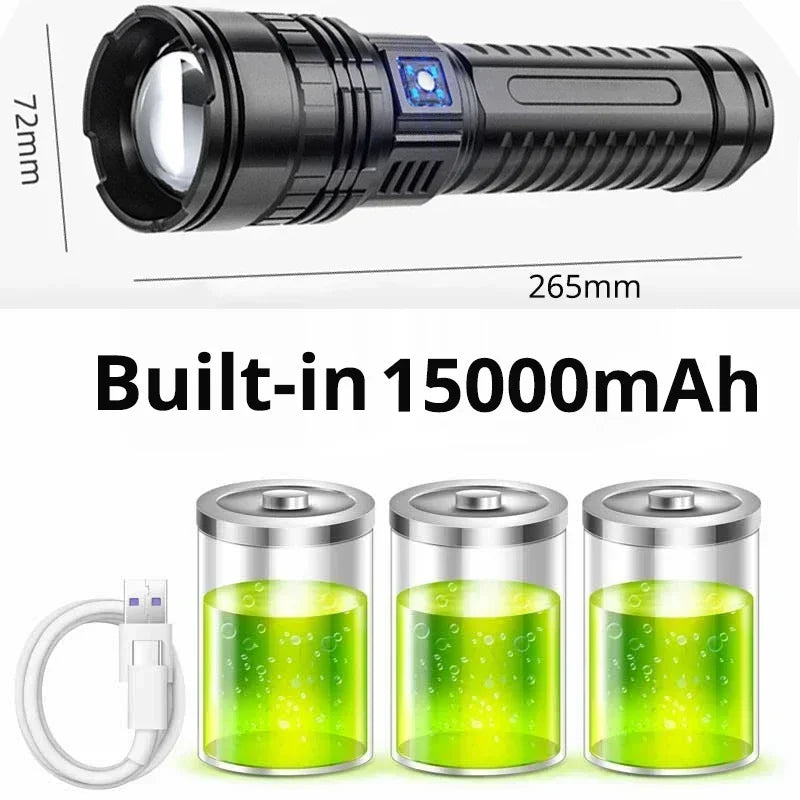 Ultra Bright LED Flashlight Powerful Tactical Torch 15000mah Built-in Battery Emergency Camping Spotlights With Tail Light by Smarsty