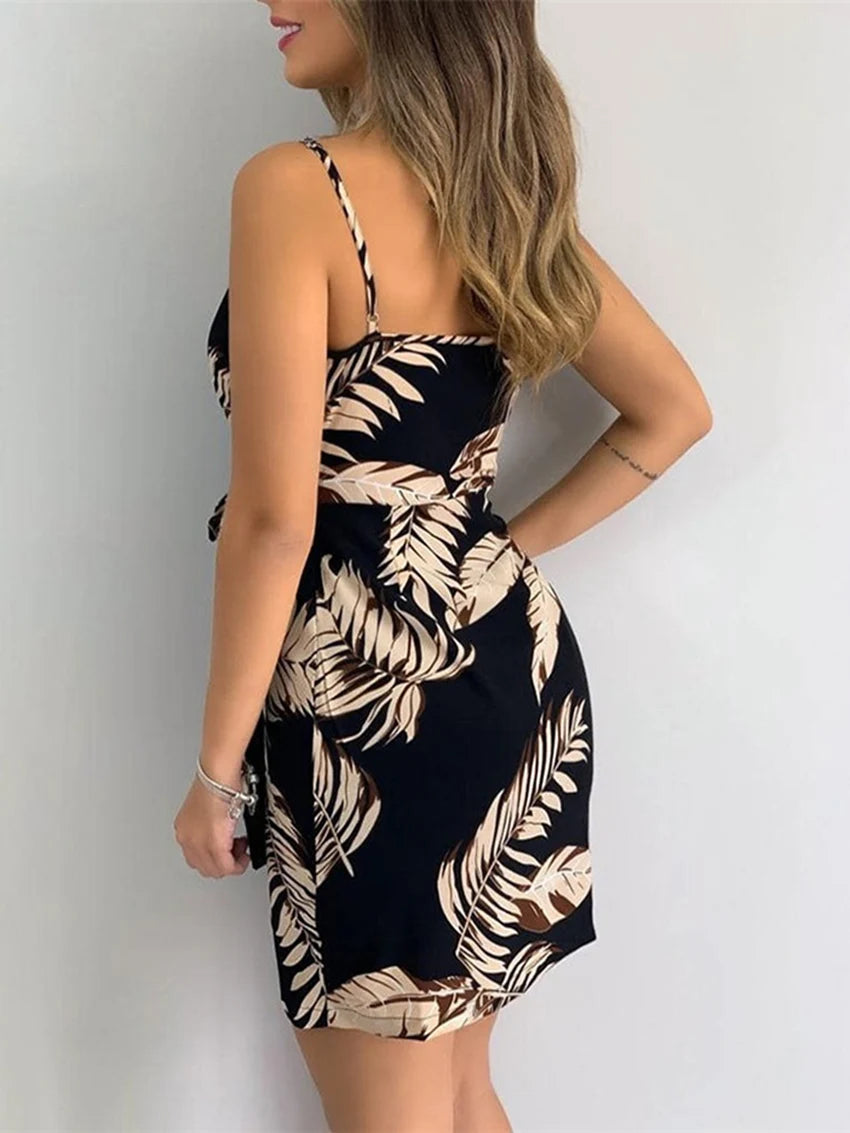 Women's Sexy V-Neck Spaghetti Strap Bodycon Dress, Slim Fit Party Dress with Waist Belt, Summer Cocktail Dress - Smarsty