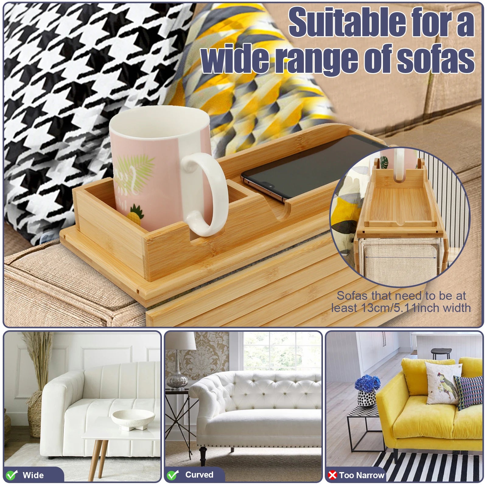Couch Cup Holder Bamboo Wood Sofa Armrest Tray Foldable Sofa Cup Holder Anti-Slip Couch Arm Cup Holder Sofa Side Storage Tray by Smarsty
