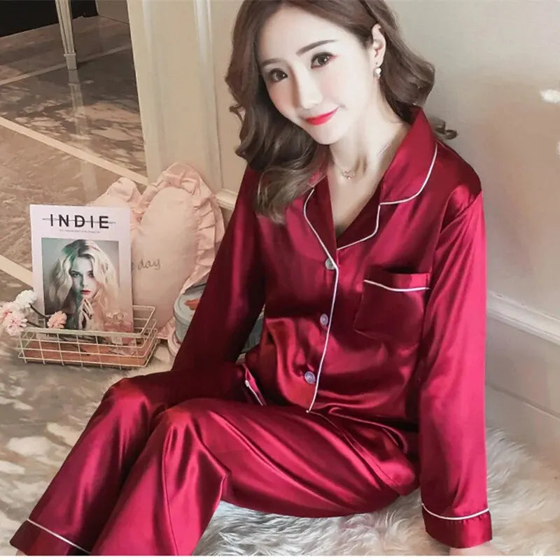 Pajamas Sets for Women 2024 Sexy Silk Women Pijama Sets Sleepwear Long-sleeve Cardigan Set Female Ice Silk Pyjamas Home Clothing - Smarsty