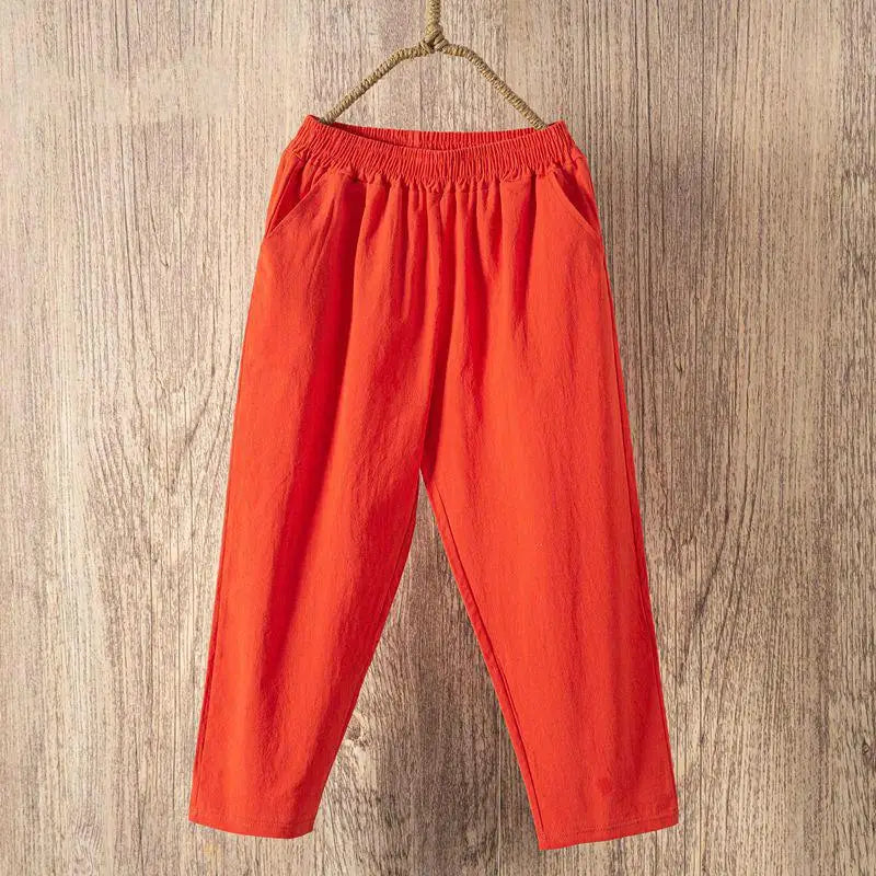 Women Summer Casual Loose Harem Elastic Waist Cotton Linen Pants Ninth Trousers - Smarsty