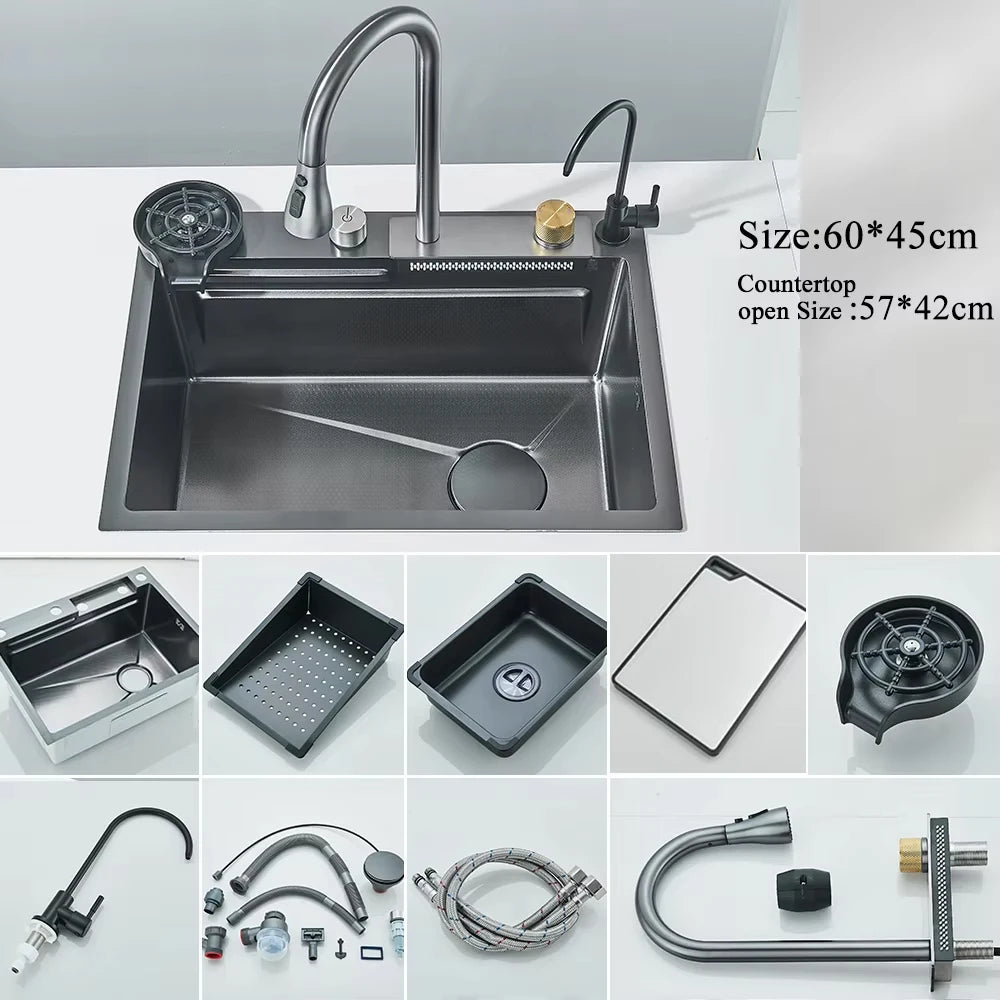 Large Stainless Steel Kitchen Sink with Digital Faucet Display - Smarsty