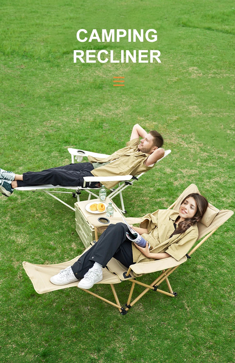 WESTTUNE 2-in-1 Reclining Camping Chair Lightweight Folding Camping Lounge Chair with Adjustable Backrest & Footrest for Beach
