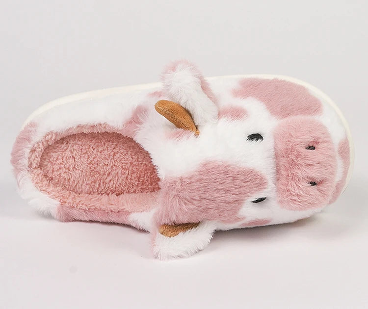 Casual Fluffy Slippers Women House Cute Cartoon Cow Designer Shoes Girl Flat Fashion Elegant Plush Winter Platform Footwear Home - Smarsty