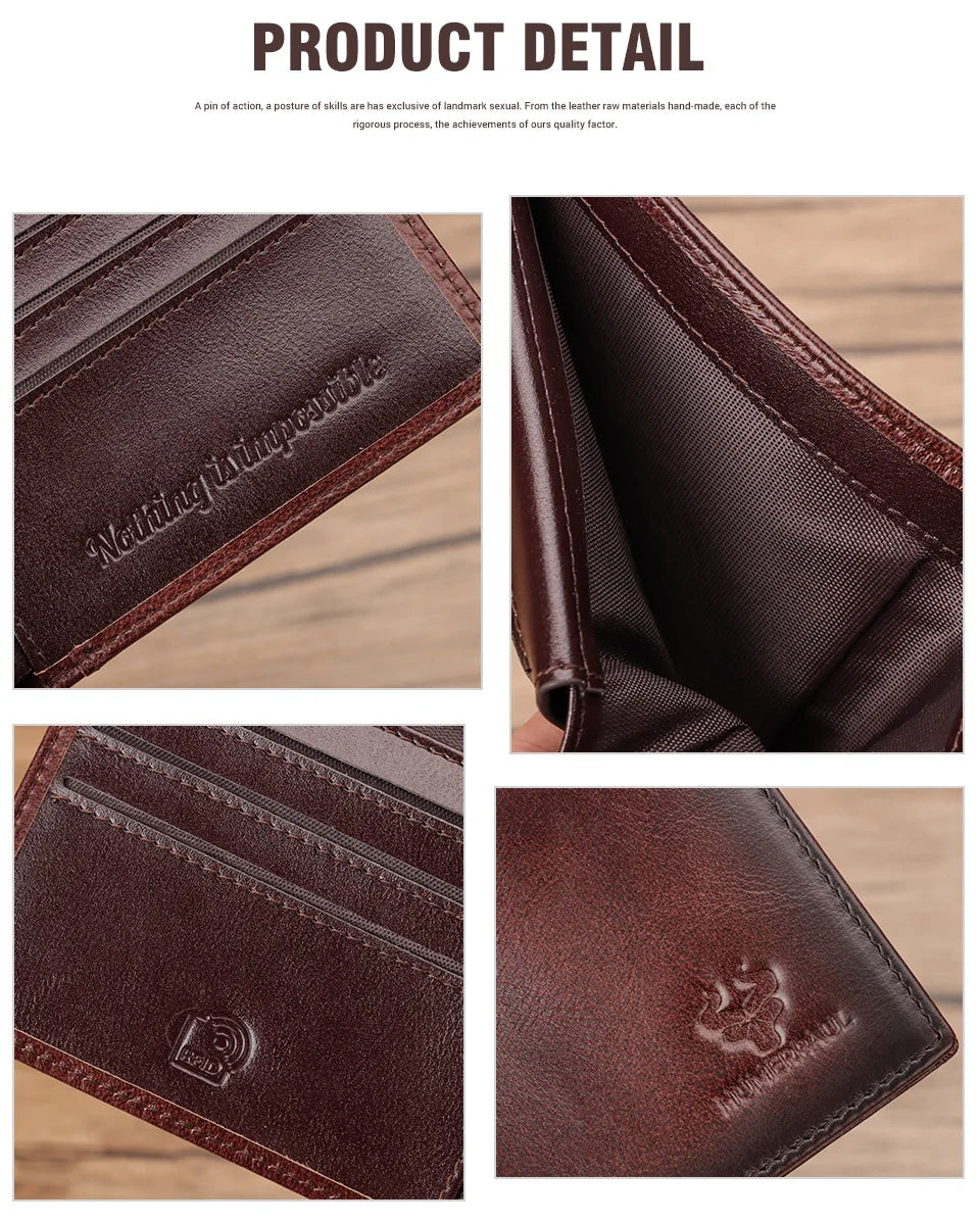 KAVIS Handmade Men's Wallet Genuine Leather RFID Card Holder with ID Window Large Capacity Male Storage Money Bag Fashion