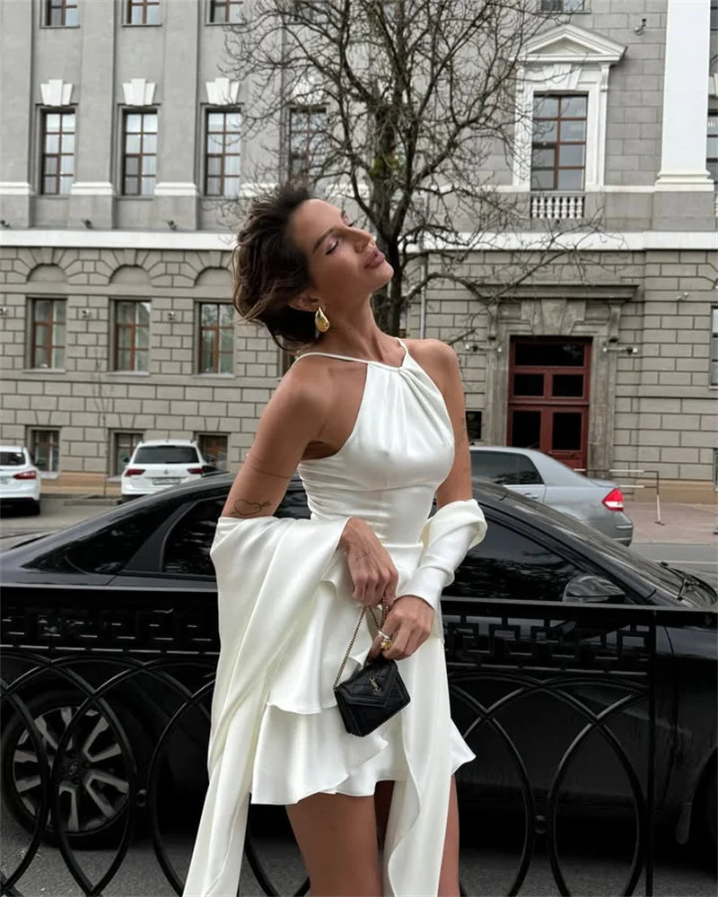 Mozision Shawl Sleeve Ruffle Sexy Mini Dress Women Robe Fashion Solid Lace-up Backless Club Party Dress Female Elegant Dresses