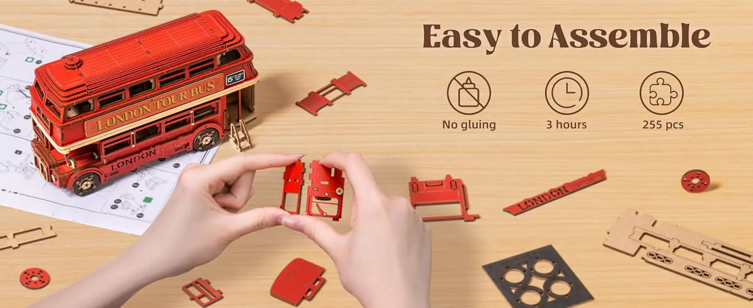Robotime rolife London Tour Bus 3D Wooden Puzzles Wood Model Toy Car to Build Crafts Collectibles Gifts for Boys Girls