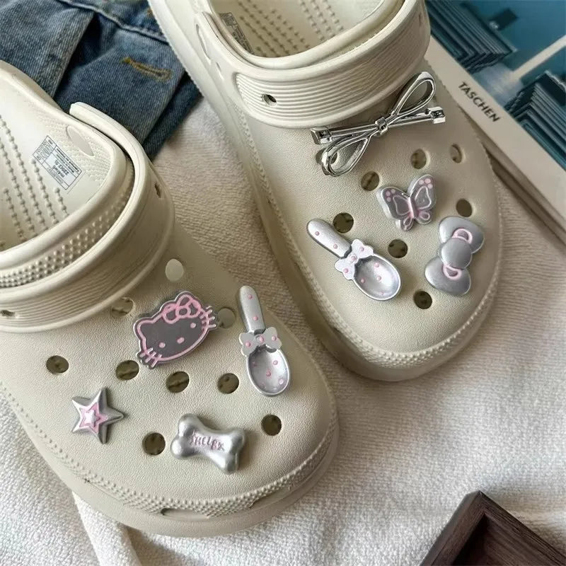MINISO Silvery Hello Kitty Set Girls Women Shoe Charms DIY Hole Shoes Detachable Buckle Garden Shoes Accessories Festival Gift