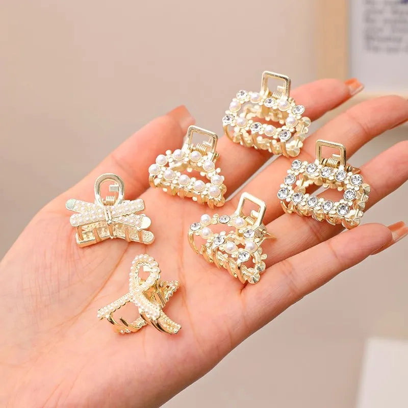 Mini Rhinestone Pearl Hair Claws For Women Sweet Geometric - Smarsty