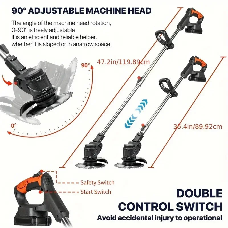 Wireless portable weed trimmer for lawn trimming. The trimmer is equipped with 2 lithium batteries and comes with replaceable bl