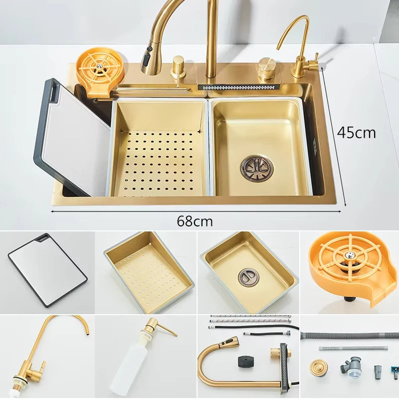 Large 304 Stainless Steel Waterfall Kitchen Sink with Faucet - Smarsty