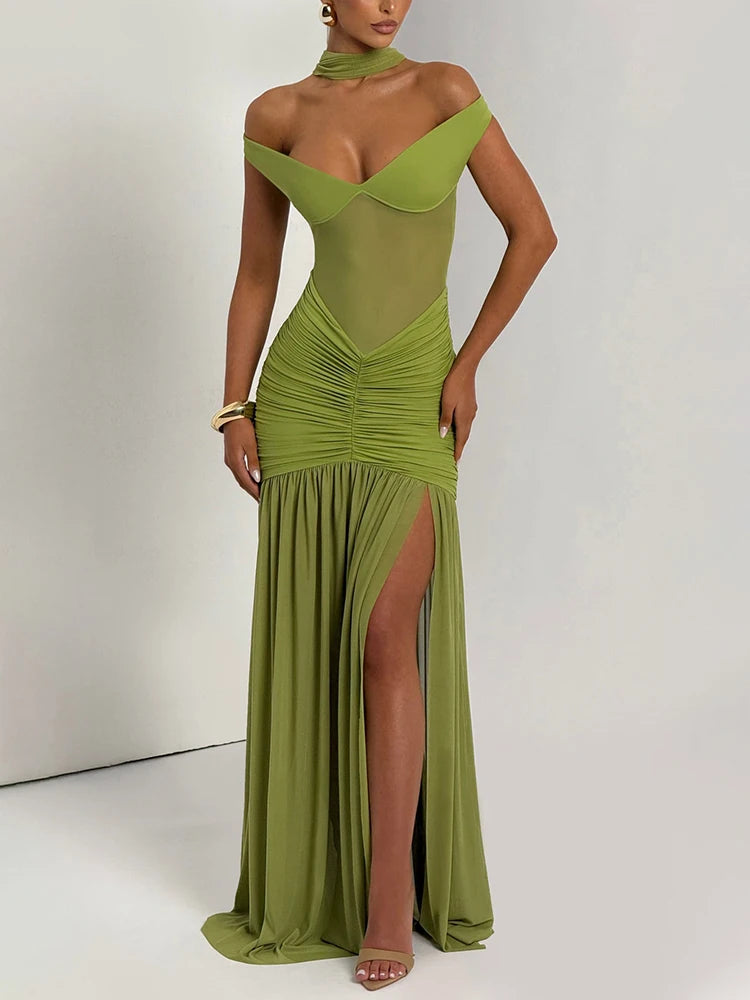 Mozision Off-shoulder Backless Sexy Maxi Dress Women Gown Halter Sleeveless Backless Thigh High Split Club Party Long Dress - Smarsty
