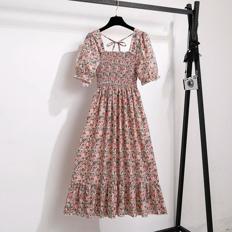 Spring Summer Chiffon Dresses Fashion Female Elastic Waist Short Sleeve Pleated Casual Dress Women A-line Dresses Vestidos - Smarsty