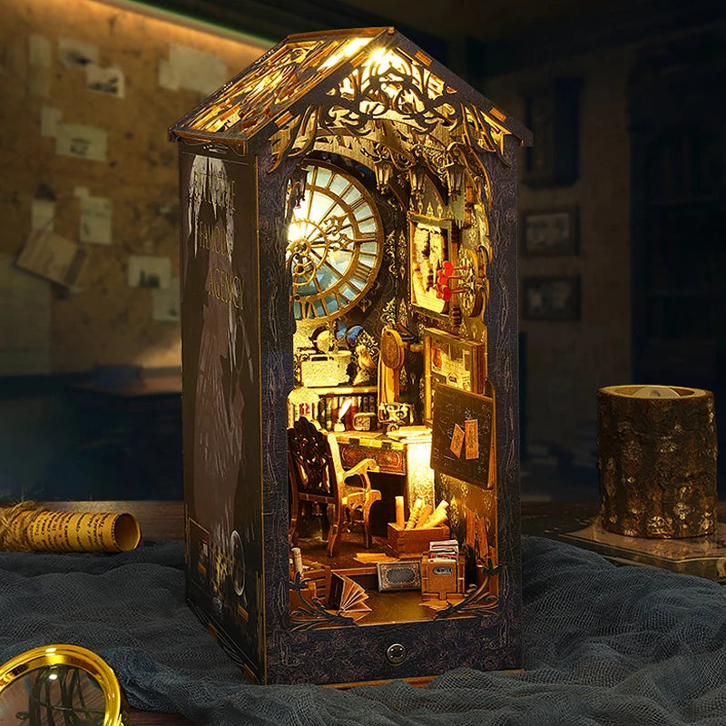 DIY Book Nook Shelf Insert Kit 3D Wooden Puzzle Doll House Assembly Building Model Bookends With Furniture LED Light Xmas Gifts by Smarsty