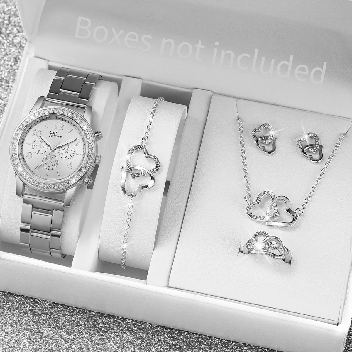 6PCS Women's Rhinestone Quartz Watch Set with Stainless Steel Band - Smarsty