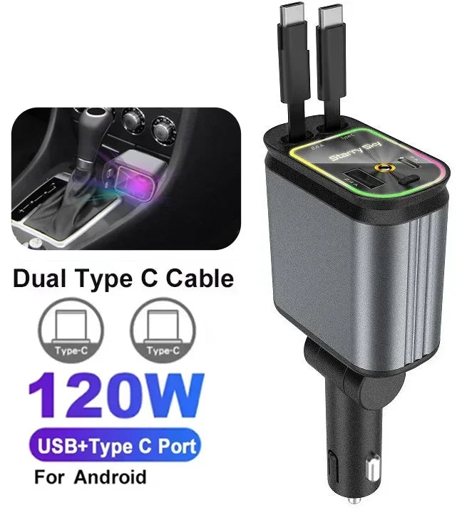 5-in-1 180W Car Fast Charger USB Type-C Power Adapter Retractable Phone Charger With Roof Starlight For IOS Android Phones - Smarsty