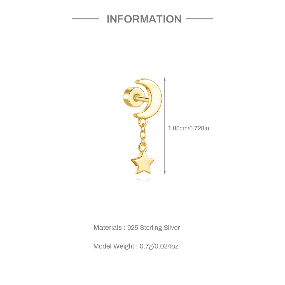 925 Silver Star Moon Zircon Stud Earrings Hypoallergenic - Smarsty