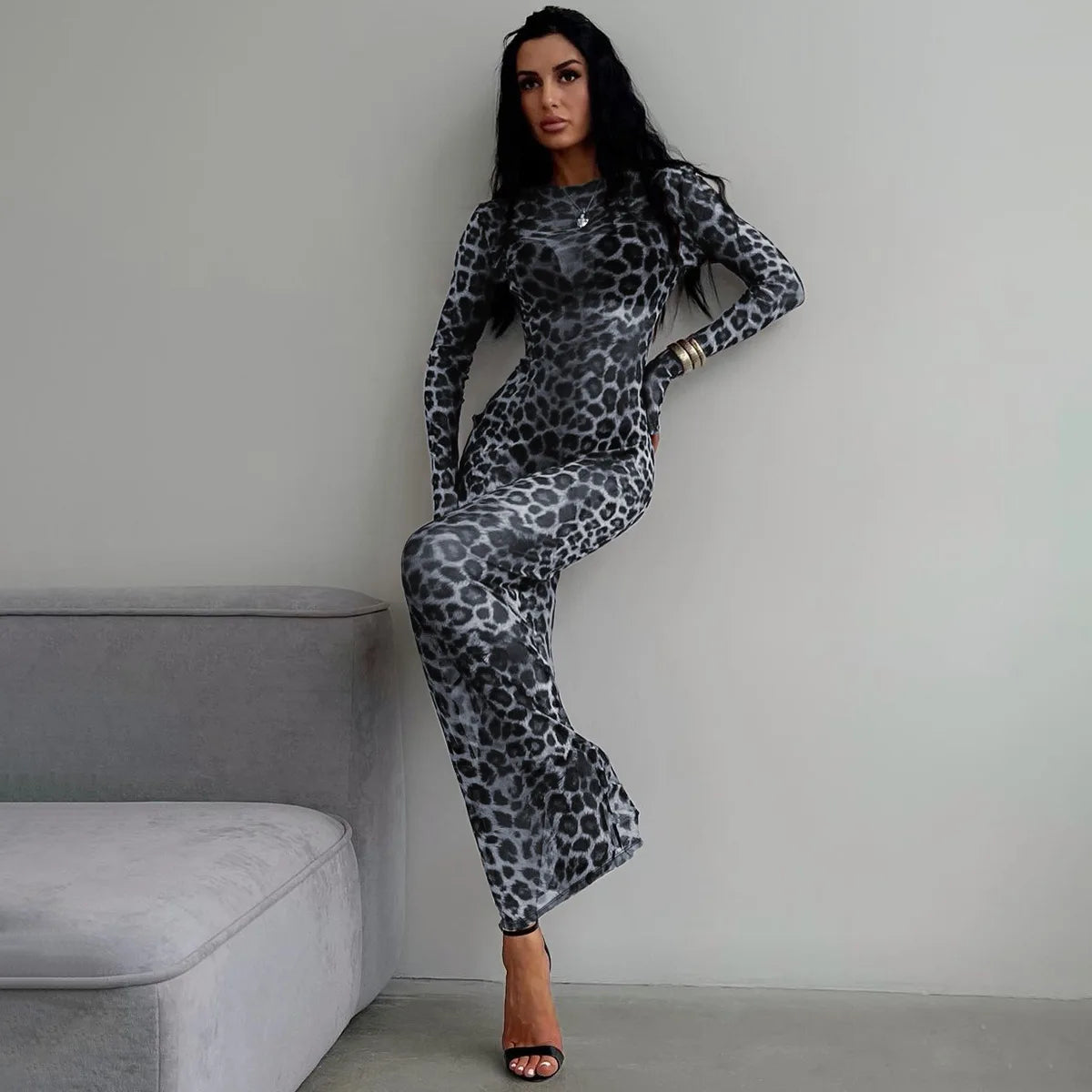 Hugcitar Leopard Print Mesh Long Sleeve Sexy Slim See Through Maxi Dress Fall Women Fashion Outfits Beach Vacation Club