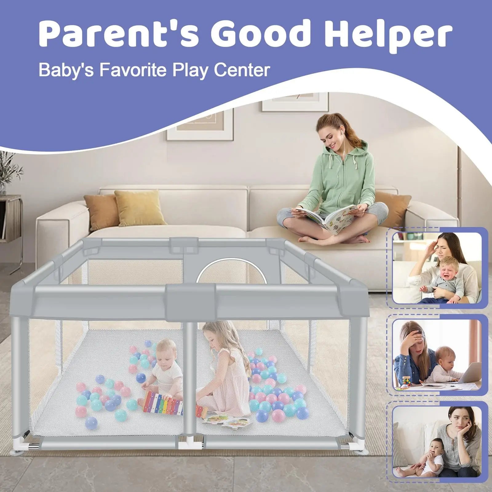 ANGDUO Baby Playpen 50*50 Inch Baby Play Yard With Soft Breathable Mesh Play Fence Infant Playard For Boy And Girls Light Gray