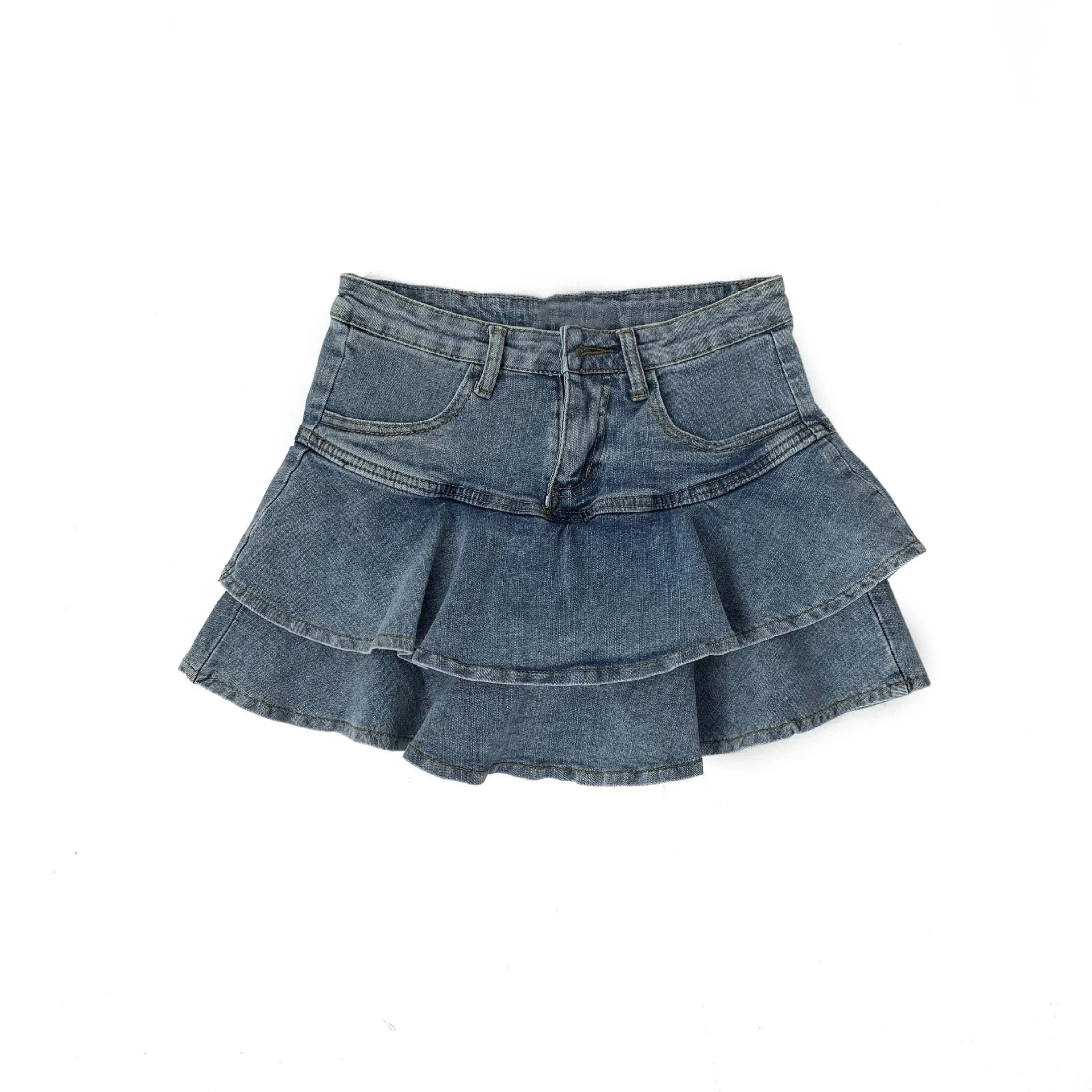 Vintage Denim Skirt Shorts Women Summer Korean Fashion High Waist A-line Wash Blue Slim Cute Sexy Mini Jeans Ruffle Skirt Female - Smarsty