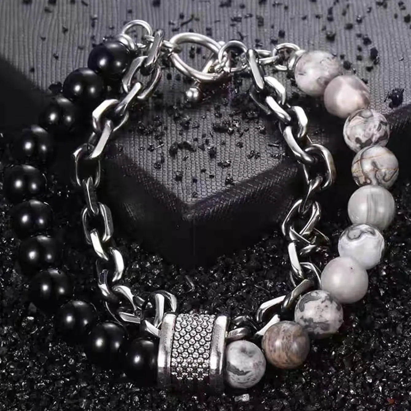 Punk Black Beaded Chain Bracelet for Men - Smarsty
