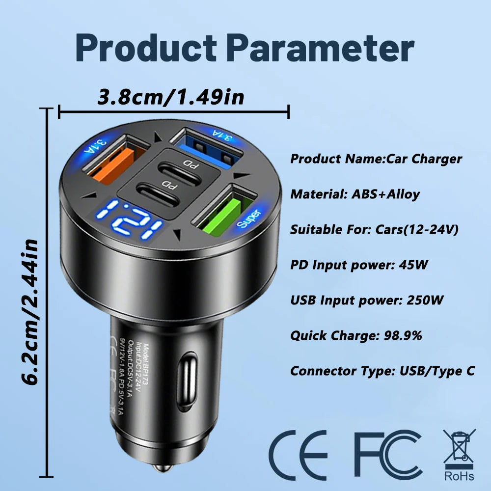 250W 5-in-1 PD QC3.0 Car Charger Fast Charging USB C for IPhone,Samsung Galaxy, IPad Pro, Multi-Port Cigarette Lighter Adapter - Smarsty