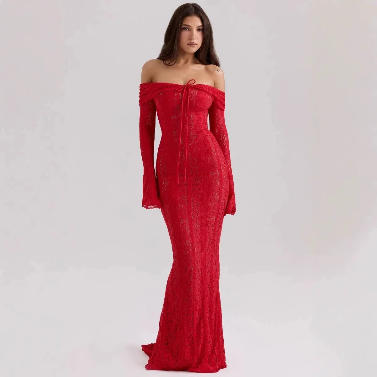 Suninheart White Off The Shoulder Autumn Bodycon Dress 2025 Long Sleeve Elegant Lace Maxi Dress Wedding Guest Dress for Women