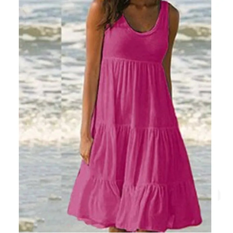 Bohemian Women's Casual O Neck Sleeveless Ruffle Mini Dress Solid Color Beach Tank Top Oversized Loose Dress Plus Size Women3029 - Smarsty
