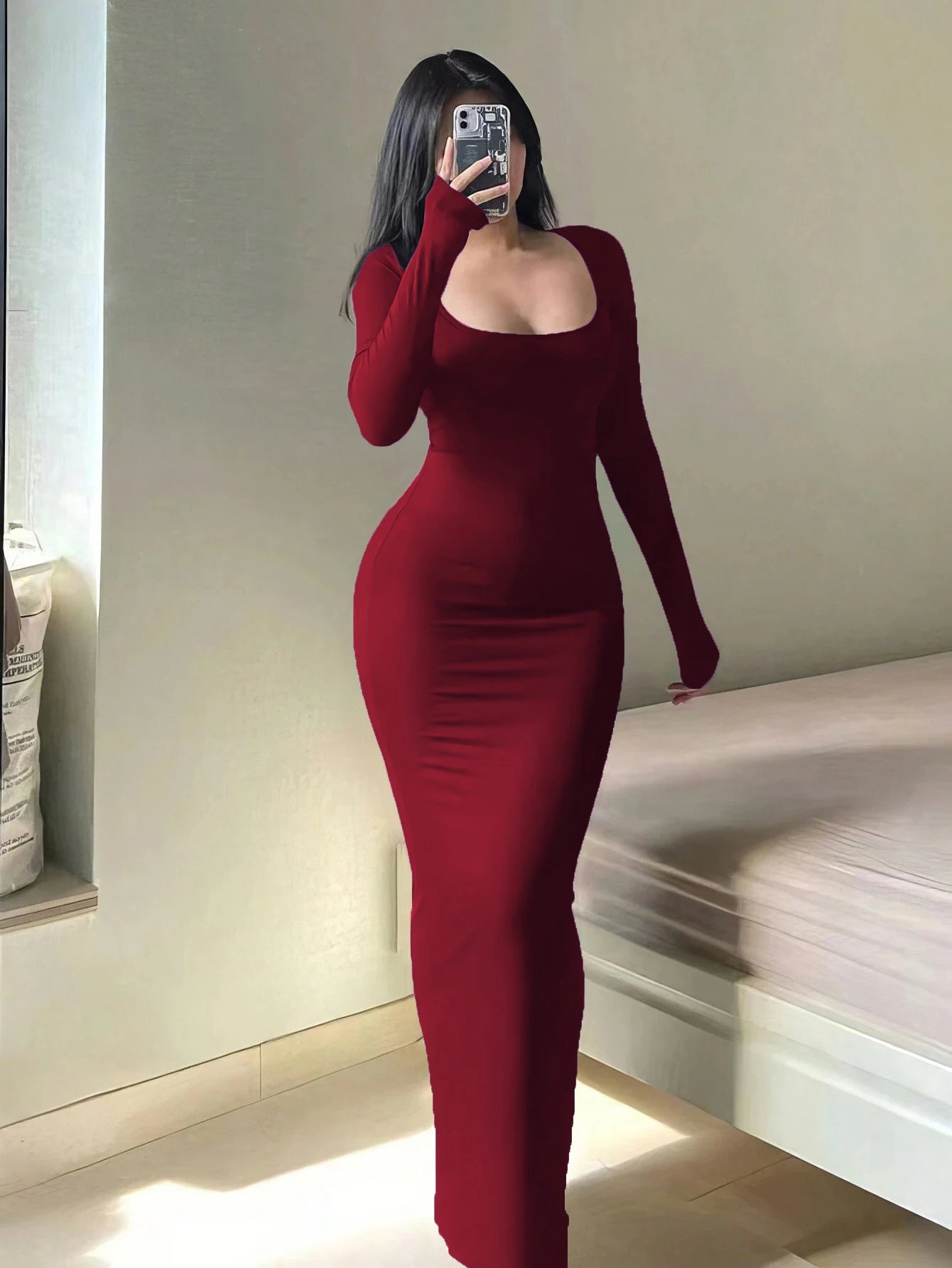 Women's Solid Long Sleeve Bodycon Dress, Chic Basic Minimalist Causual Fashion Scoop Neck Long Dress, Womenswear - Smarsty