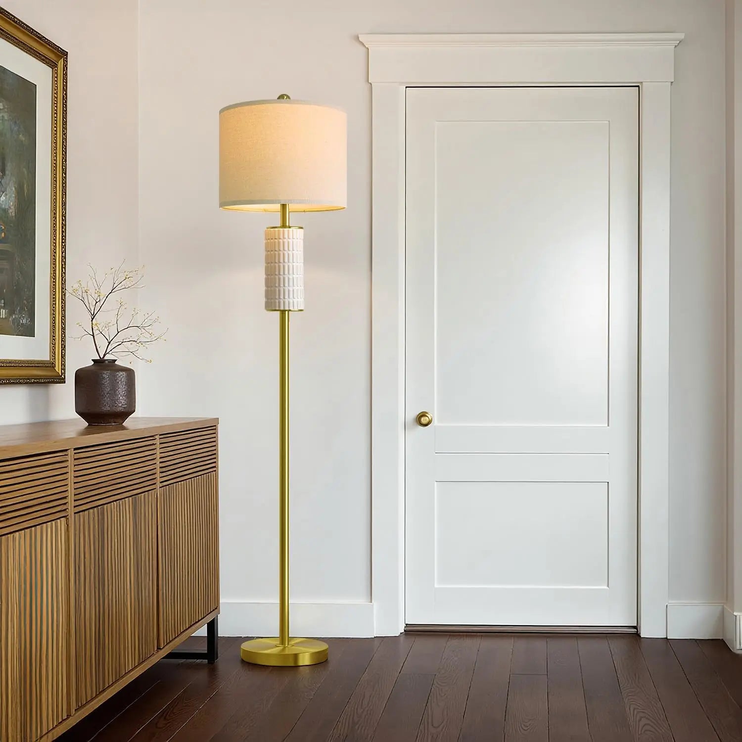 64" Modern Gold Ceramic Floor Lamp with Rotary Switch for Living Room Bedroom Reading Corner Home Office Nursery