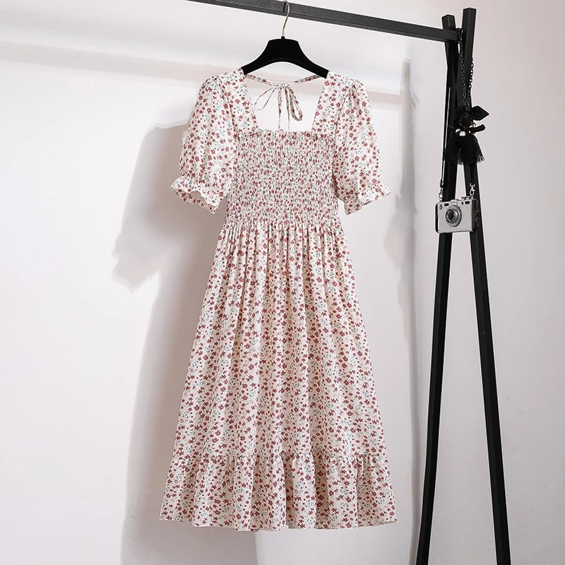 Summer Pleated Women Chiffon Dresses Casual Beach Holiday Short Sleeve Square Collar Woman Midi Dress Bohemian Mujer Vestidos - Smarsty