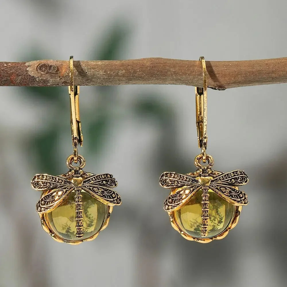 Vintage Dragonfly Drop Earrings with Moonstone Inlaid Design - Smarsty