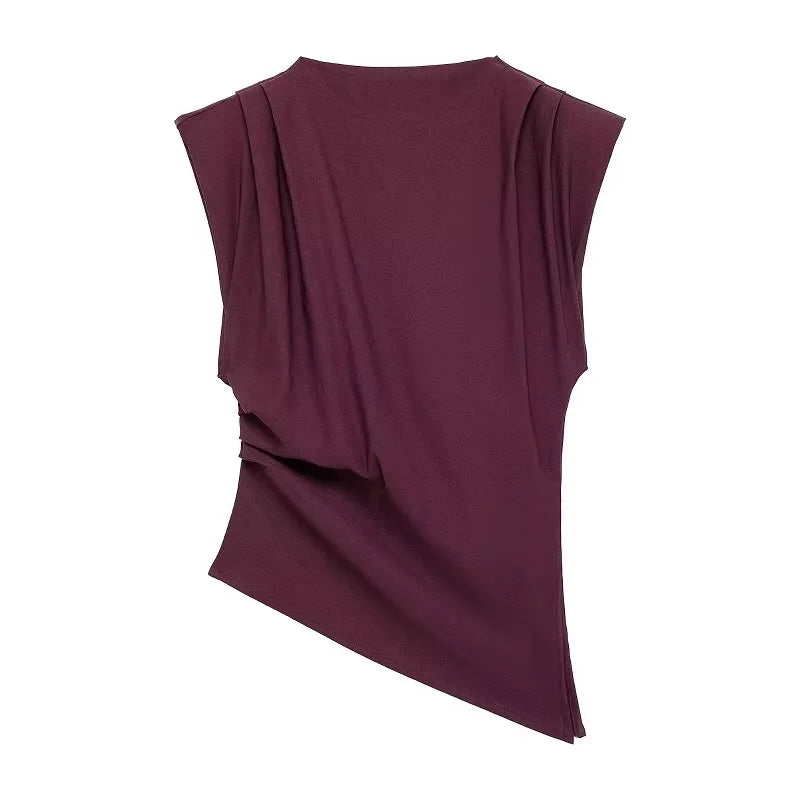 2025 Summer Asymmetric Tank Women Wine Red/Brown/Black Ruched Sleeve Office&Party Tops Breathable Stretchy Slim Fit Streetwear - Smarsty